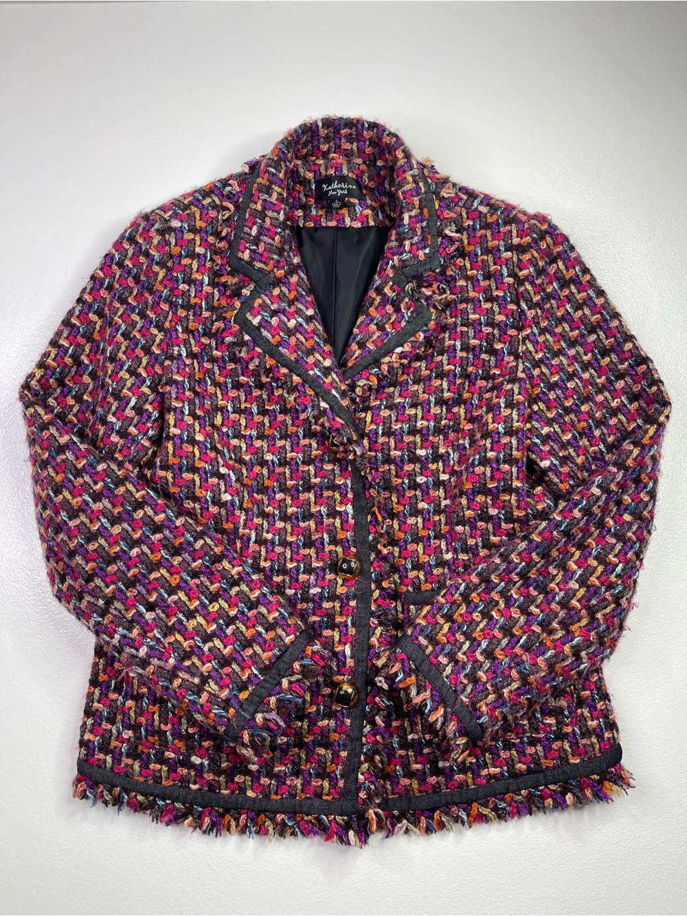 Katherine New York Multi-Color Tweed Bouclé Fringe Blazer Size Large